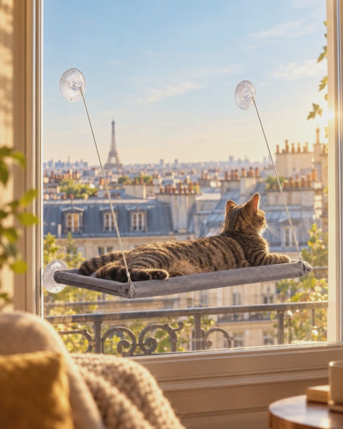 Vidéo d'un chat tigré allongé sur le hamac de fenêtre à ventouses, face aux toits de Paris