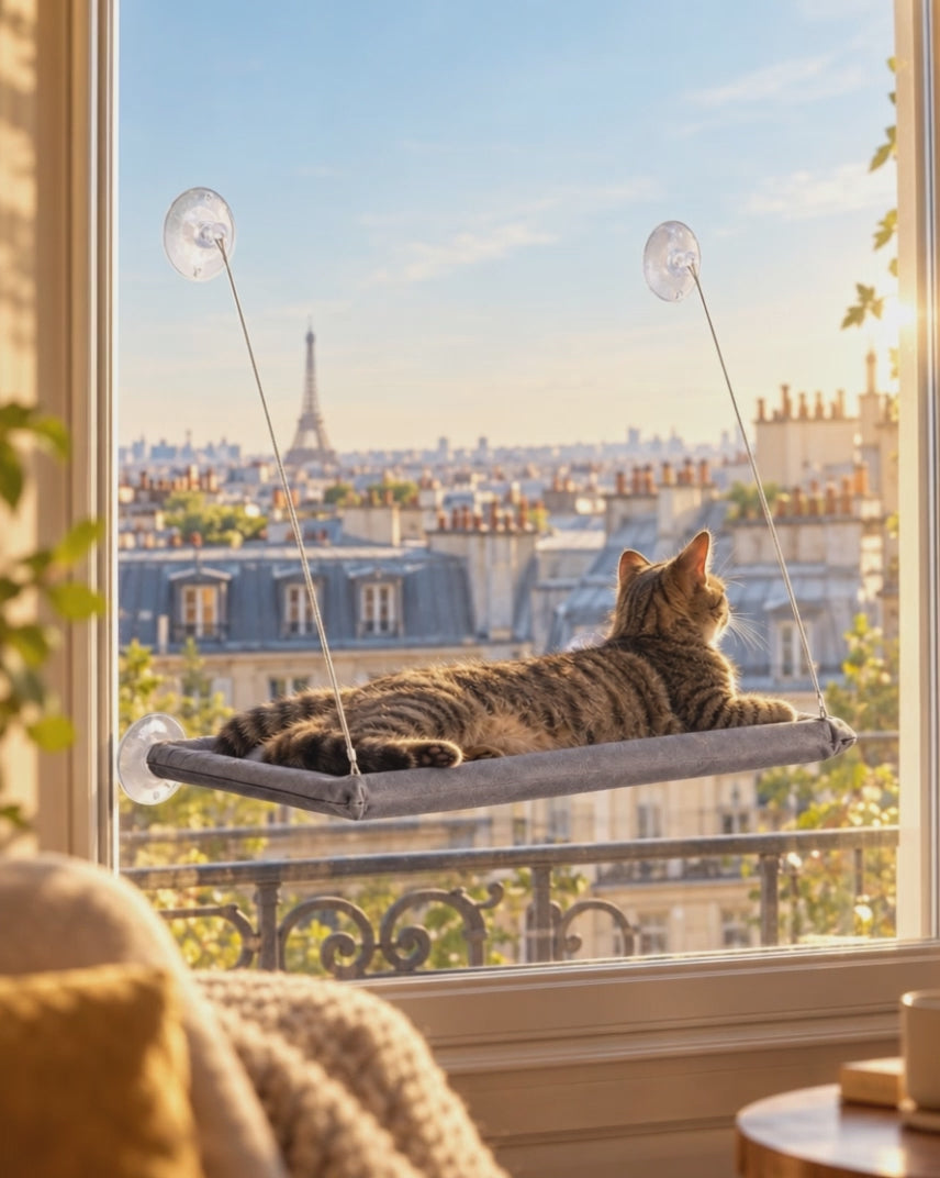 Vidéo d'un chat tigré allongé sur le hamac de fenêtre à ventouses, face aux toits de Paris