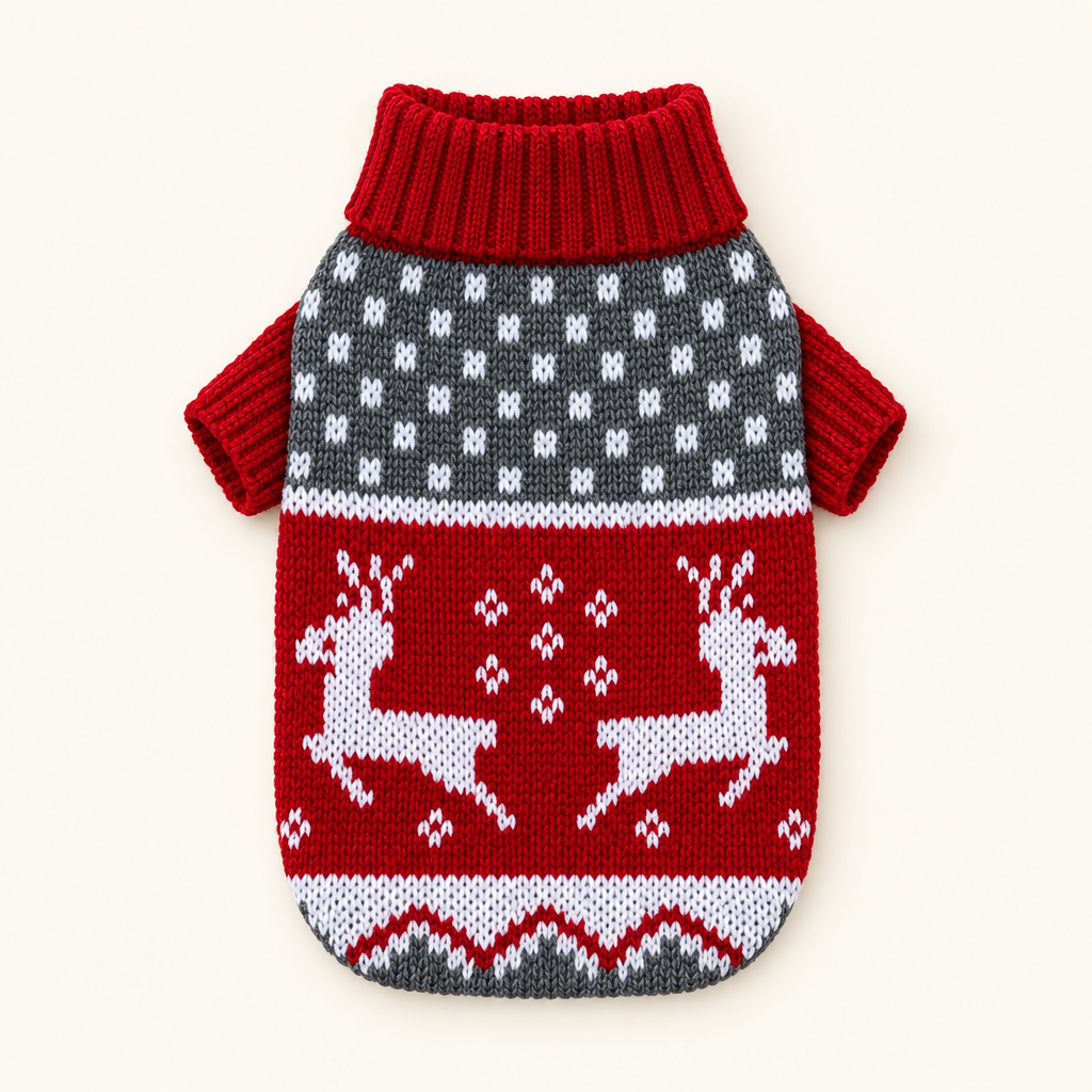 Pull de Noël jacquard pour chat et petit chien posé à plat : col roulé rouge, empiècement gris à pois, rennes blancs