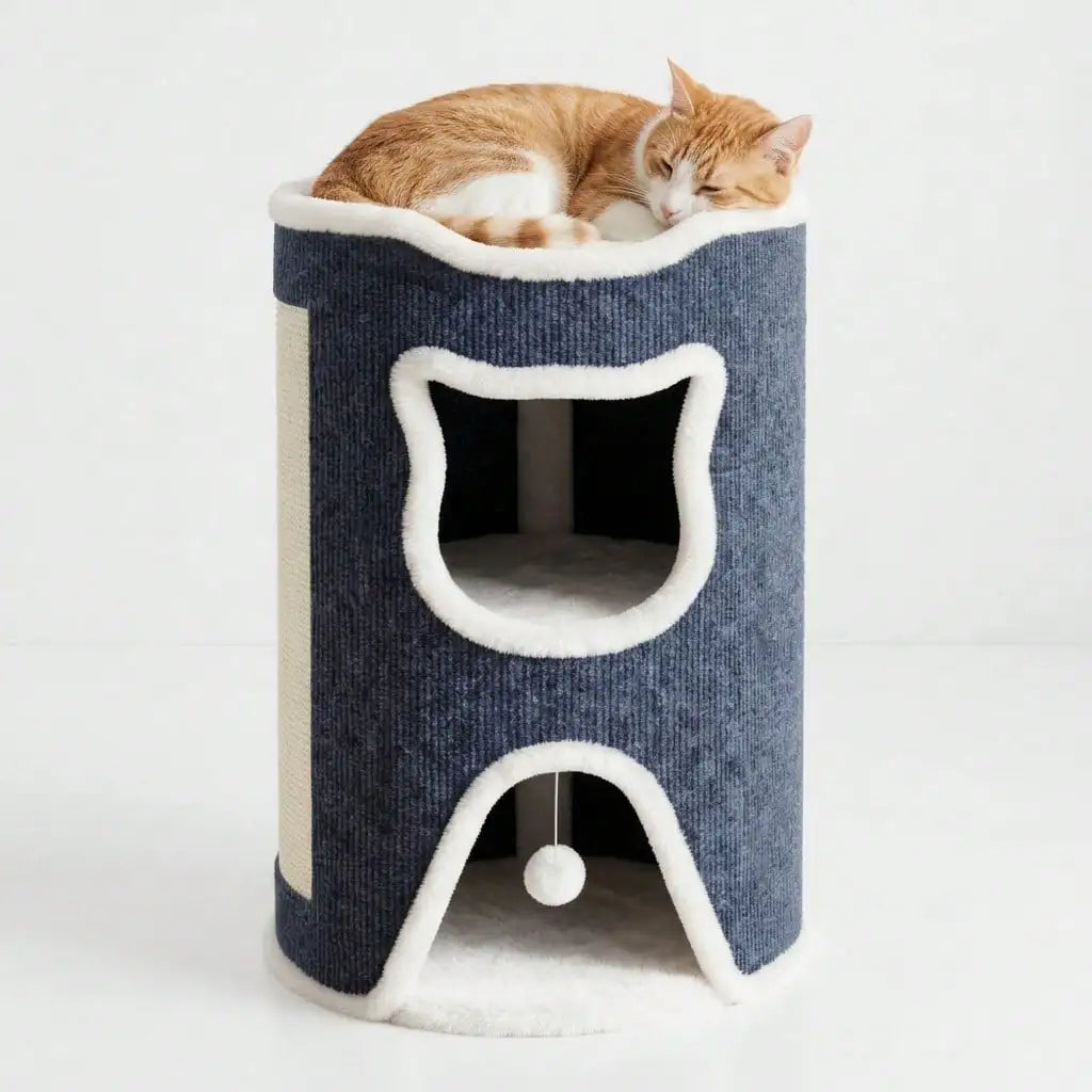 Chat roux et blanc endormi sur la couchette du sommet de la tour cabane