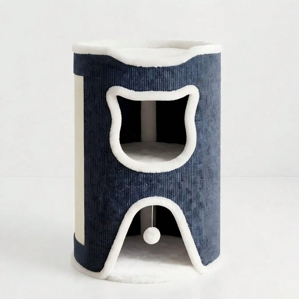 Tour cabane pour chat gris-bleu et blanc : entrée en forme de tête de chat, balle suspendue et griffoir en sisal sur le côté